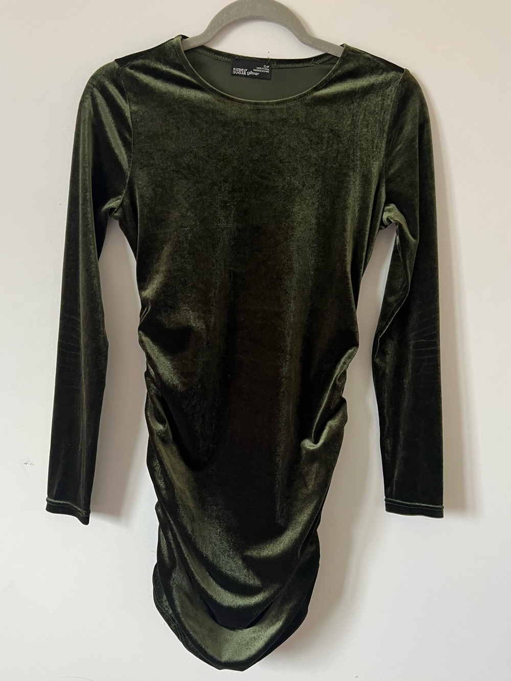 Rebels Ruched Olive Green Velvet Crewneck Top